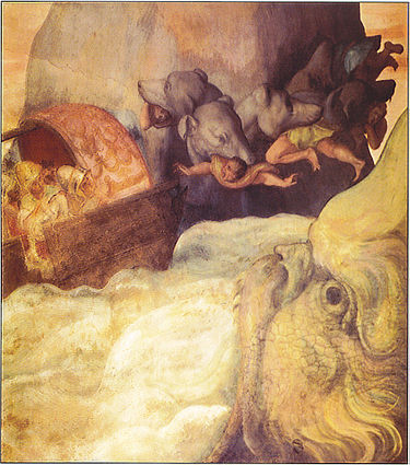 Odysseus_Caught_between_a_rock_and_a_hard_place Gemälde mit Odysseus zwischen Felsen und Meereswellen