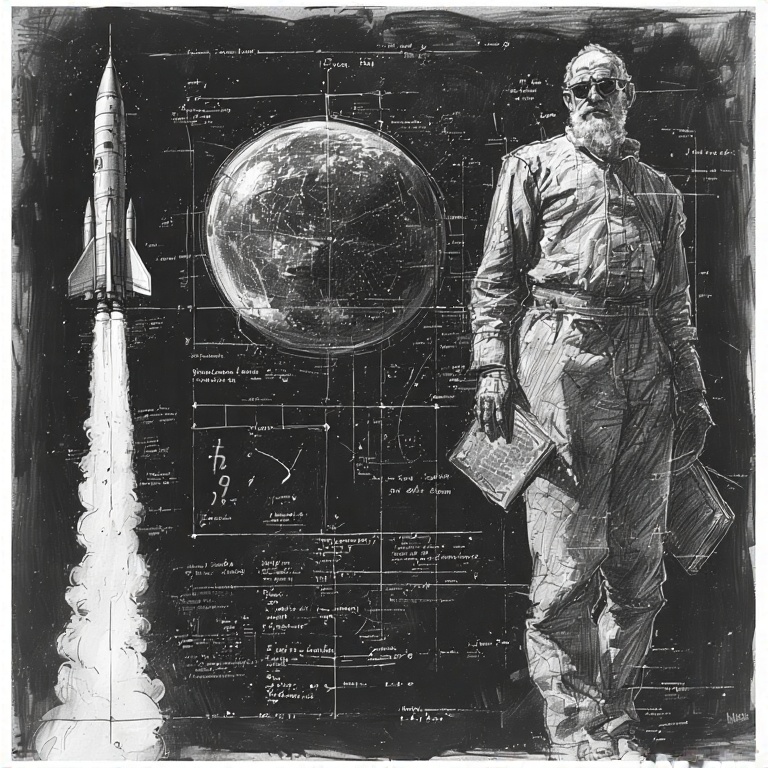 Historische Illustration mit einer menschlichen Figur und geometrischen Darstellungen