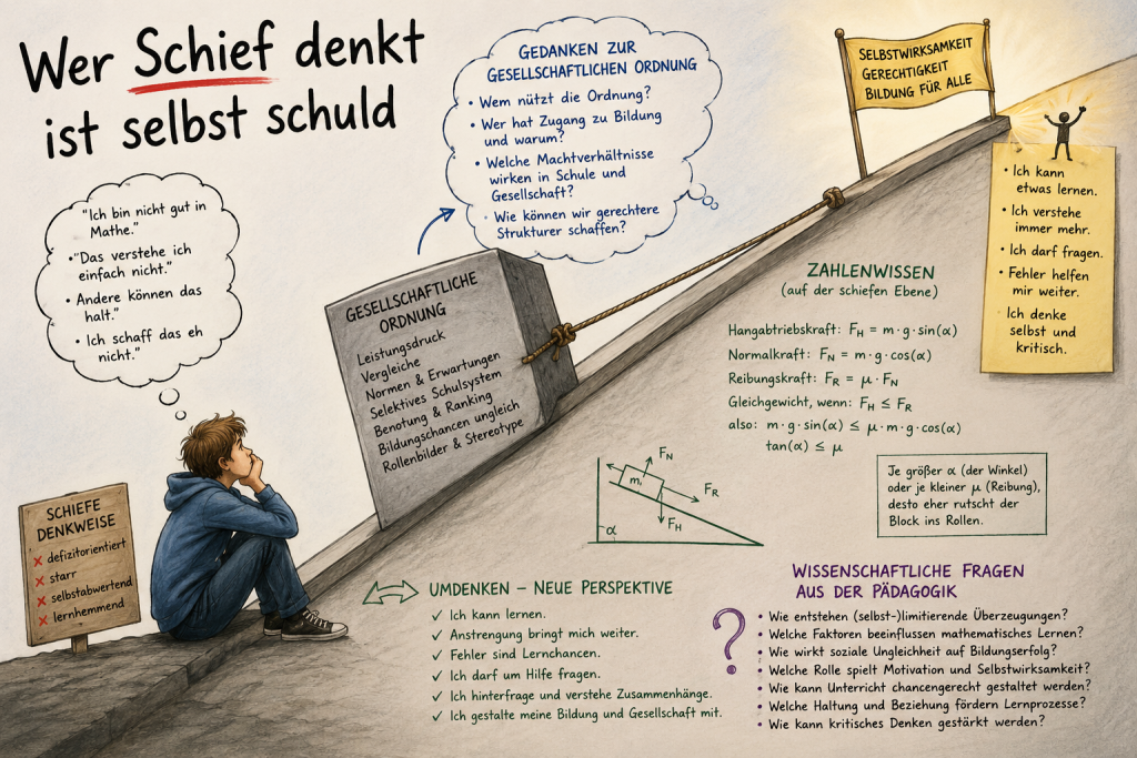 Schiefe Ebene Collage mit Zahlen, Texten und dem Titel Wer schief denkt ist selbst schuld